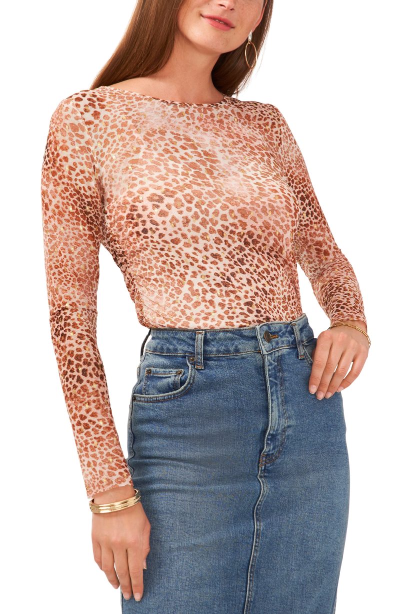 Leopard Print Shirred Long Sleeve Top - Vince Camuto