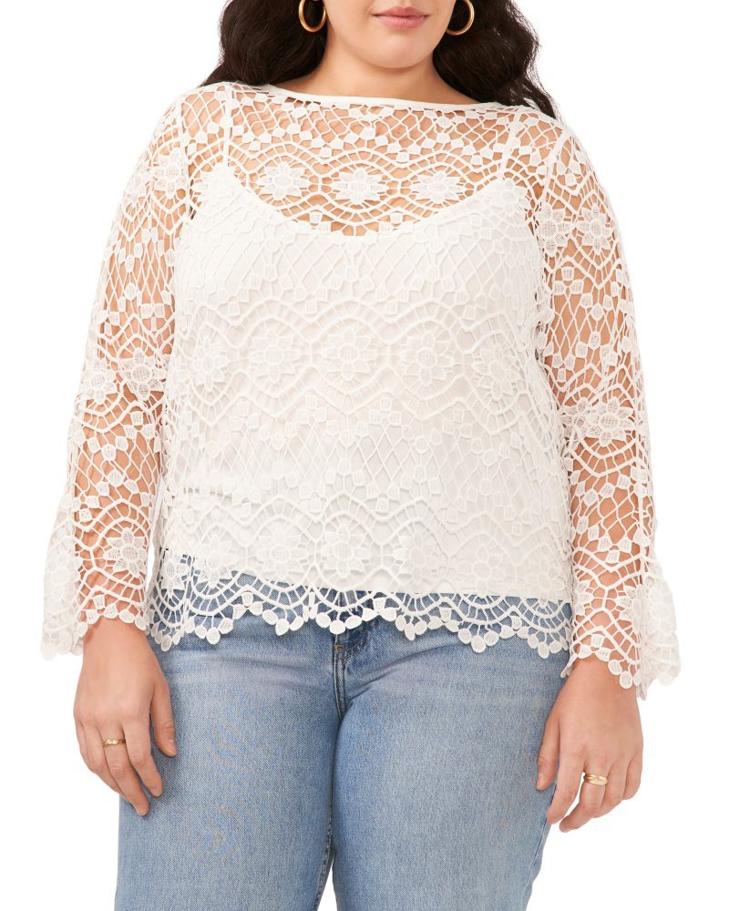 Plus-Size Open-Weave Floral Lace Cropped Blouse - Vince Camuto