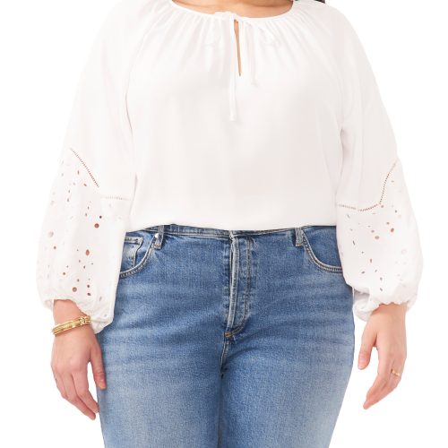 Plus-Size Embroidered-Sleeve Split Neck Blouse - Vince Camuto