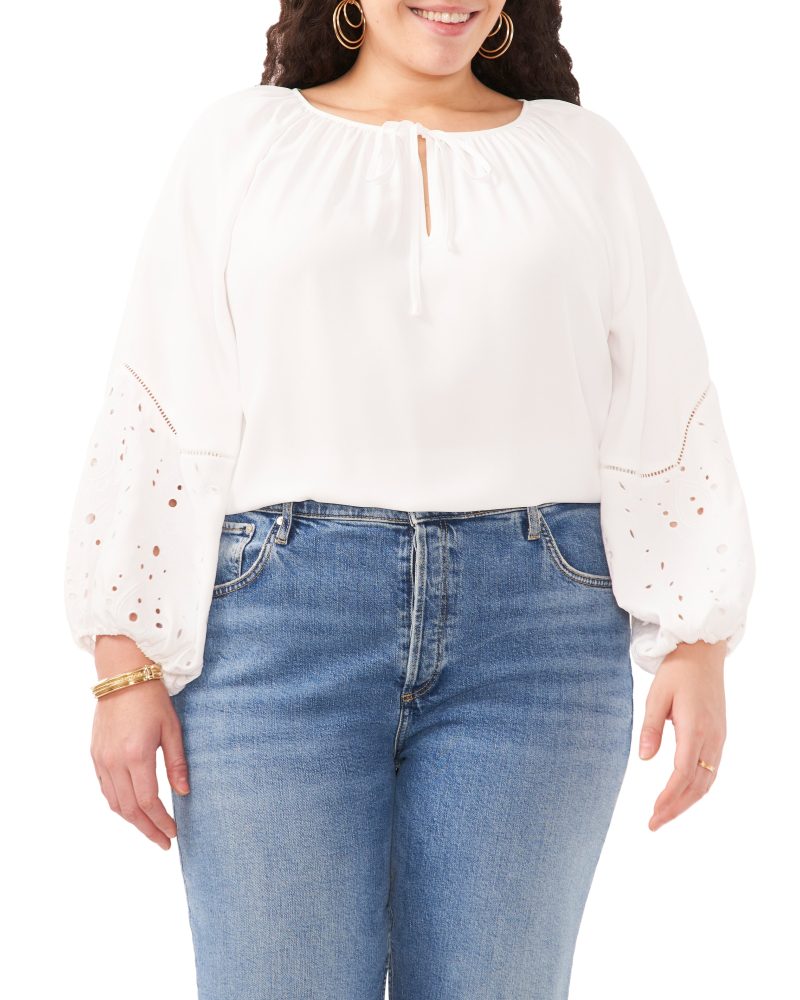 Plus-Size Embroidered-Sleeve Split Neck Blouse - Vince Camuto