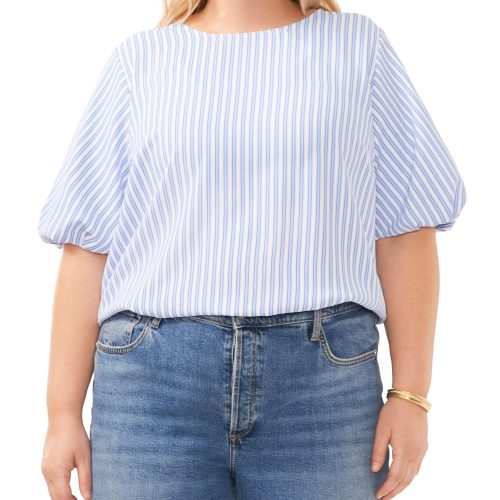 Plus-Size Stripe Print Puff Sleeve Blouse - Vince Camuto