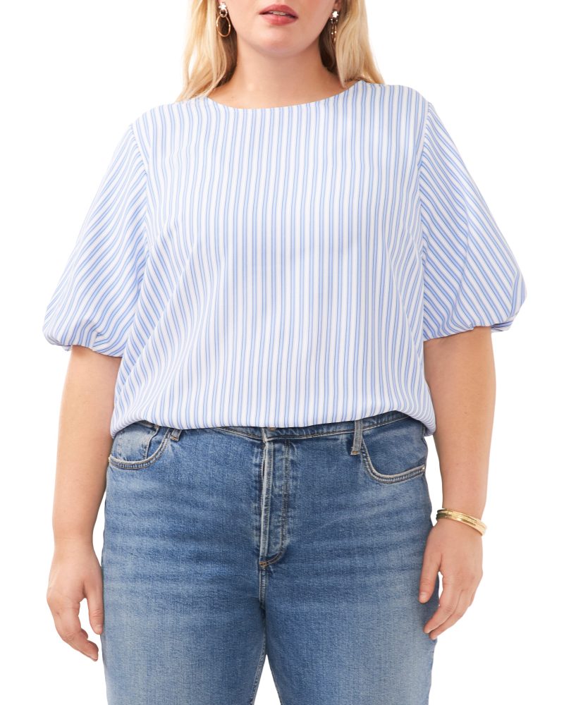 Plus-Size Stripe Print Puff Sleeve Blouse - Vince Camuto