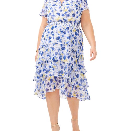 Plus-Size Floral Print Tiered V-Neck Dress - Vince Camuto