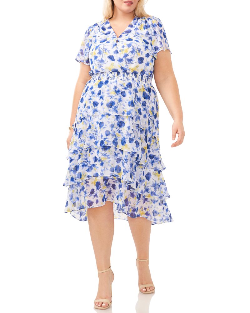 Plus-Size Floral Print Tiered V-Neck Dress - Vince Camuto