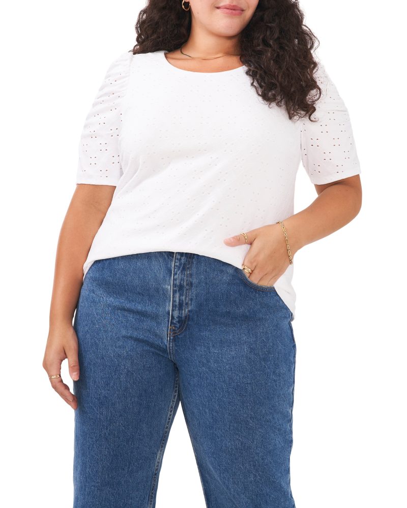 Plus-Size Ruched Sleeve Eyelet Top - Vince Camuto