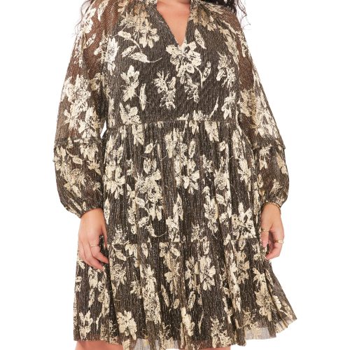 Plus-Size Metallic Floral Print Pleated Dress - Vince Camuto