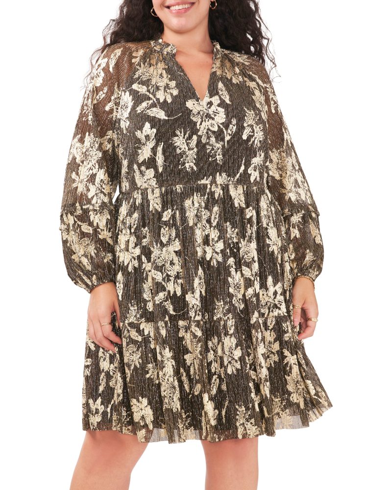 Plus-Size Metallic Floral Print Pleated Dress - Vince Camuto