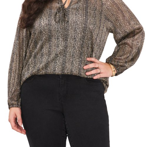 Plus-Size Pleated Long Sleeve Blouse With Tie At Neck - Vince Camuto