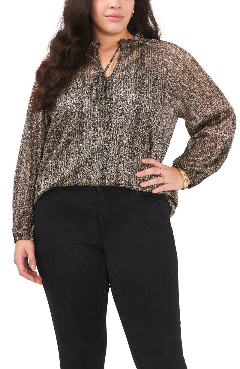 Plus-Size Pleated Long Sleeve Blouse With Tie At Neck - Vince Camuto