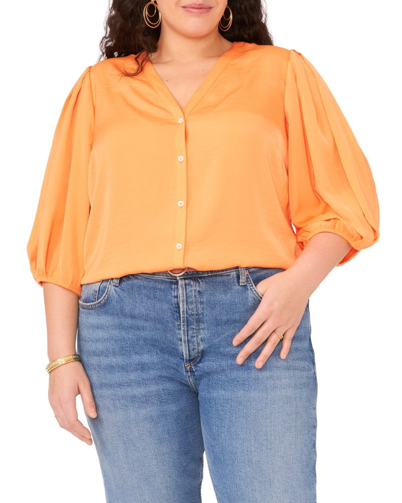 Plus-Size Button Down Balloon Sleeve Blouse - Vince Camuto