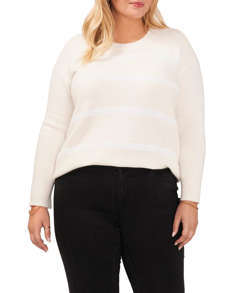 Plus-Size Crewneck Sequin Stripe Sweater - Vince Camuto