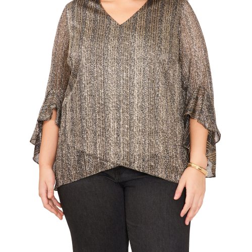 Plus-Size Metallic Stripe Flutter Sleeve Blouse - Vince Camuto