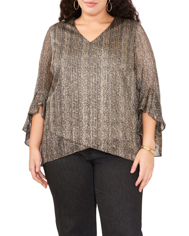 Plus-Size Metallic Stripe Flutter Sleeve Blouse - Vince Camuto