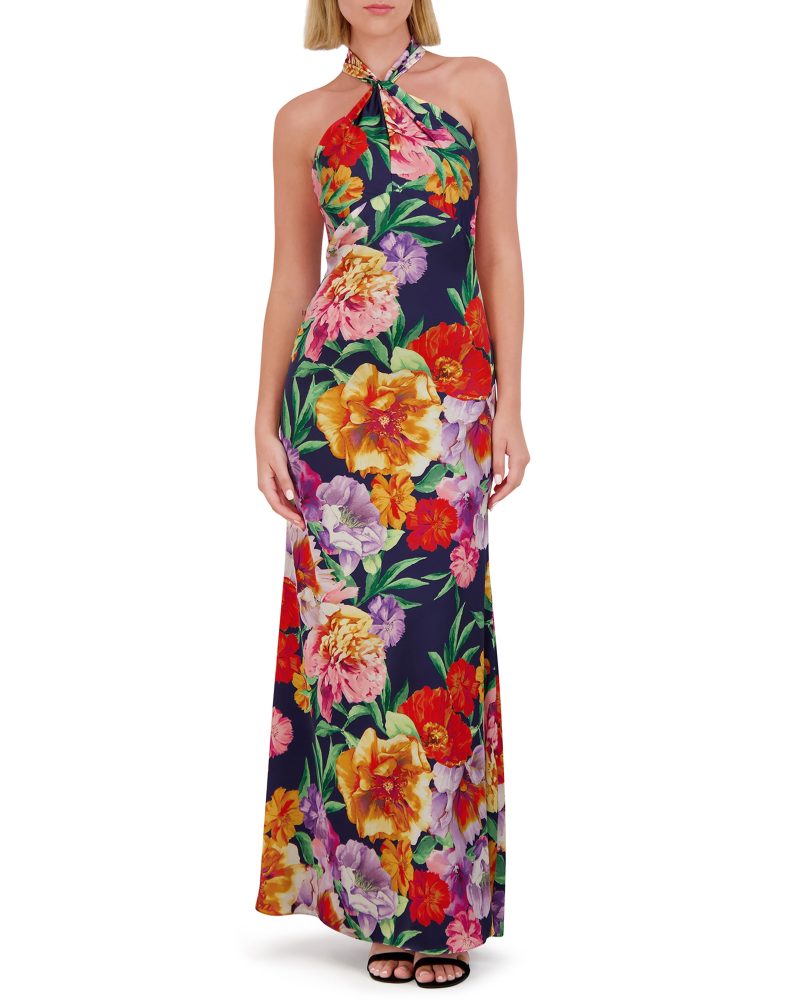 Floral-Print Twist-Top Halter Gown - Vince Camuto