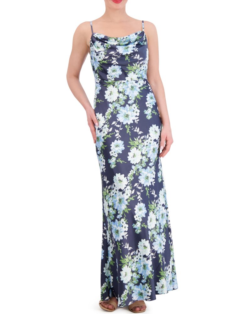 Floral-Print Satin Cowl-Neck Gown - Vince Camuto